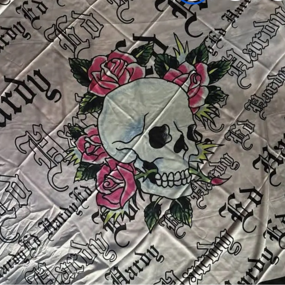 Ed Hardy Gray Scarf with Skull and Pink Roses
